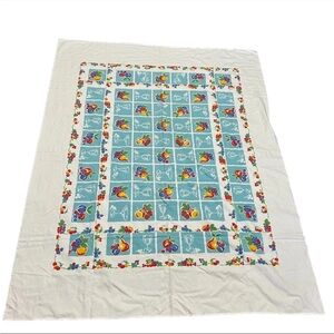 Vintage Table Cover Wine Glasses Fruits Blue White Red Cottage Granny 56x69 1019